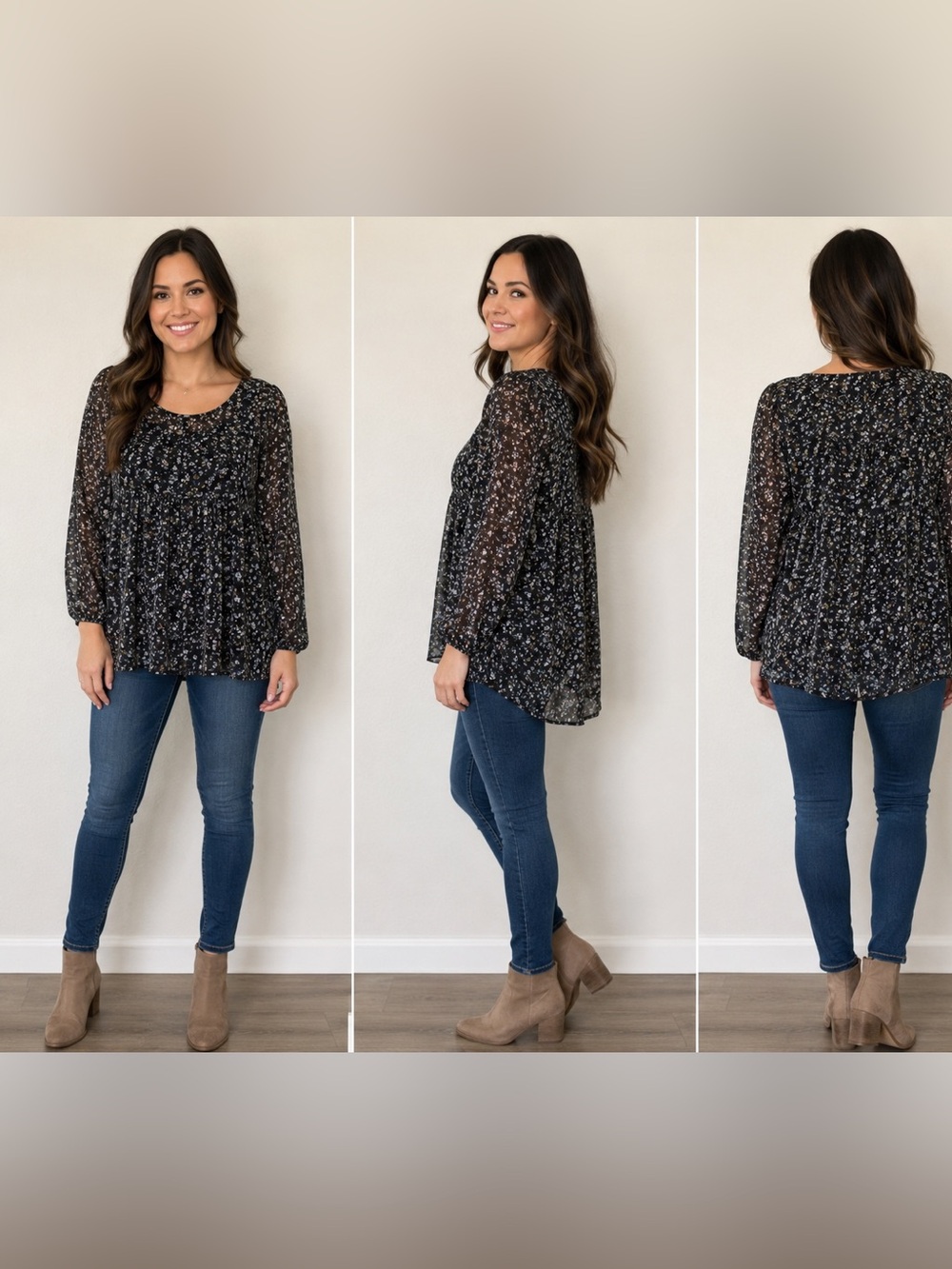 GAP Tall Floral Sheer Blouse Black Long Sleeve Size S